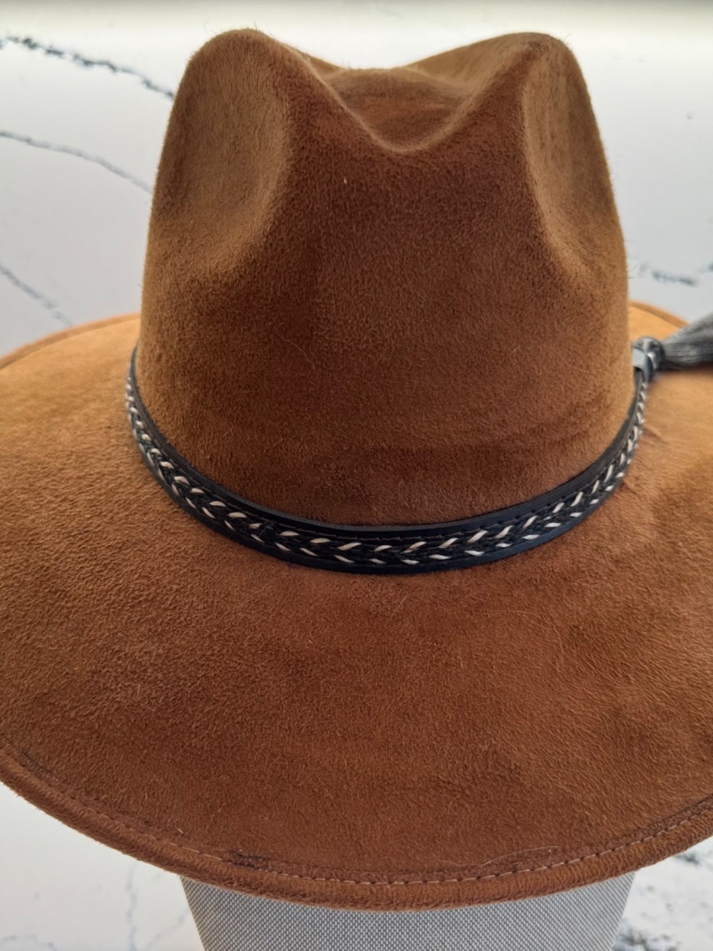 Brown Faux Suede Wide Brim Fedora Western Ranch Hat Boho Adjustable Camel